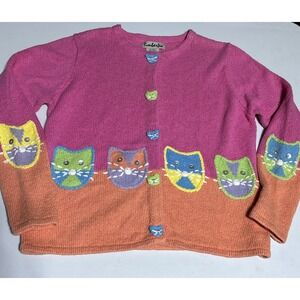 Vtg Timberlea  Cat Lovers Pink Cardigan Sweater Size Medium Cat Lady Granny